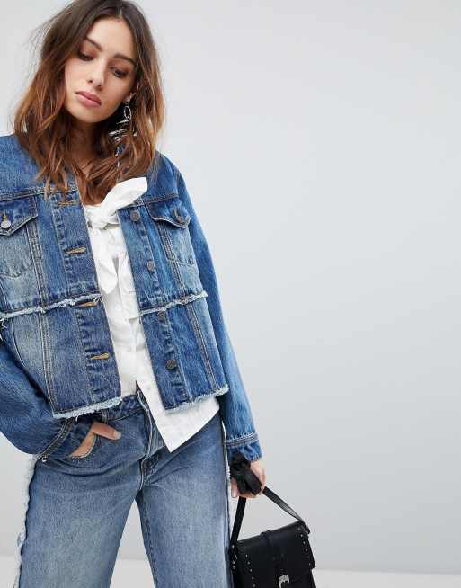 Current Air Collarless Denim Jacket With Piercing Detail | ASOS