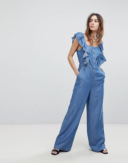 Current Air Denim Jumpsuit with Ruffle Sleeve