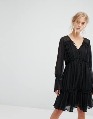 Current Air Mesh Overlay Ruffle Layer Midi Dress-Black