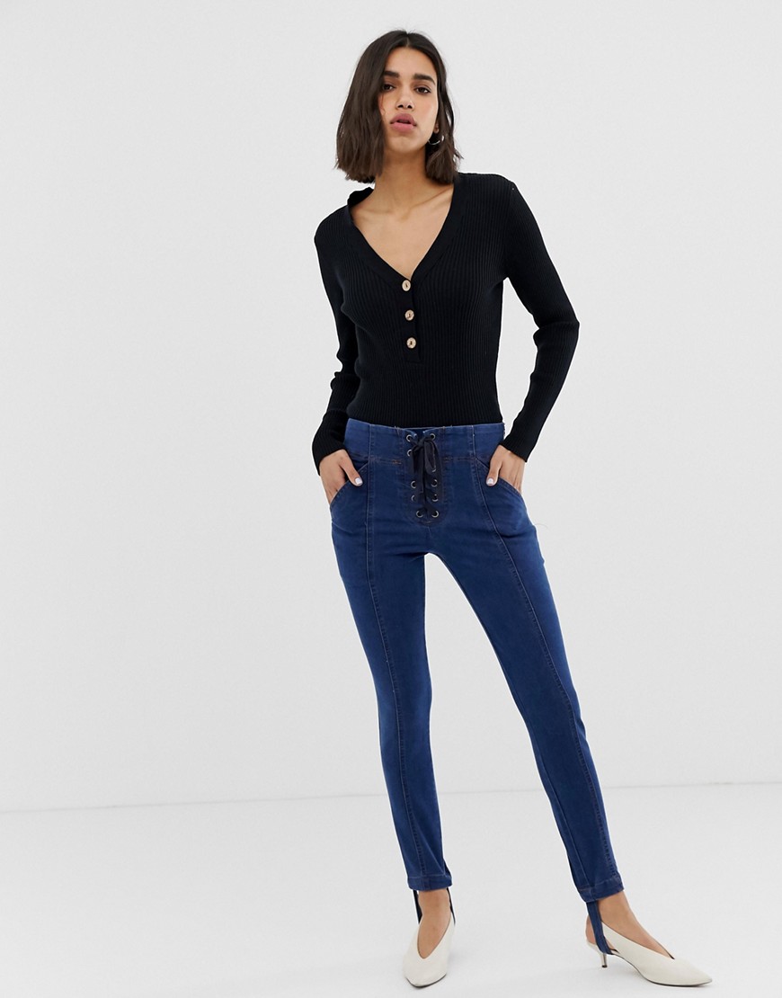 Current Air Skinny Jean with Stirrup and Lace Up Detail-Blue
