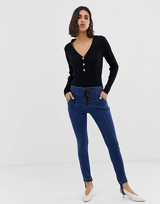 Women Current Air Skinny Jean with Stirrup and Lace Up Detail 