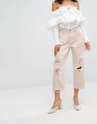 Current Air Current Air Straight Leg Jeans with Rips and Destroyed Hem-Pink