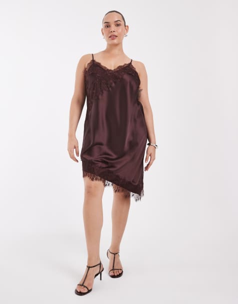Curve asymm blondekant satin cami minikjole i chokolade - view 1