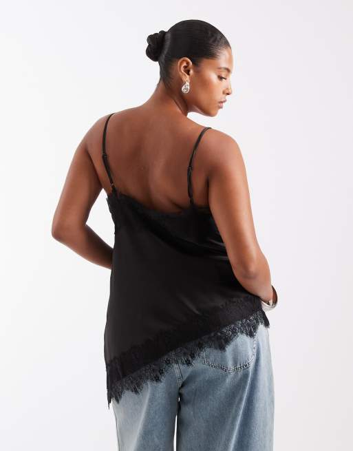 Curve asymmetrisk satin-cami med spetskant i svart, 3 av 4