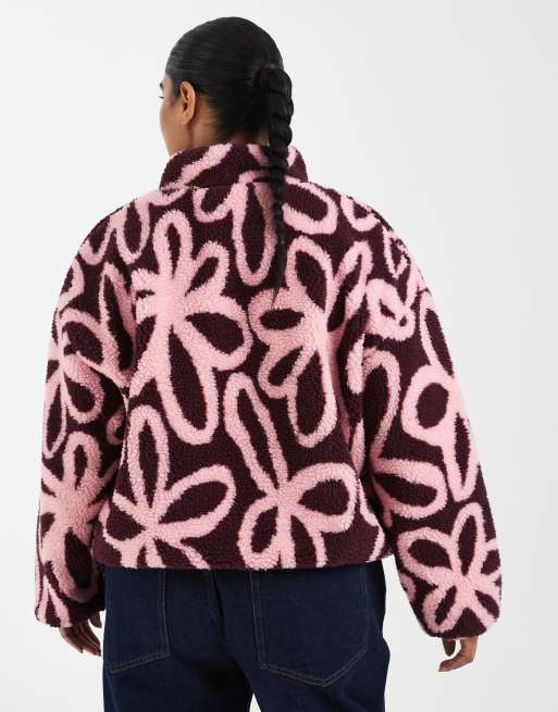 Curve - Chaqueta polar borg abotonada de flores burdeos, 3 de 4