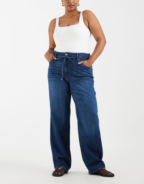 Curve Gianna jeans med bindebælte og lige ben i mørkeblå - view 1