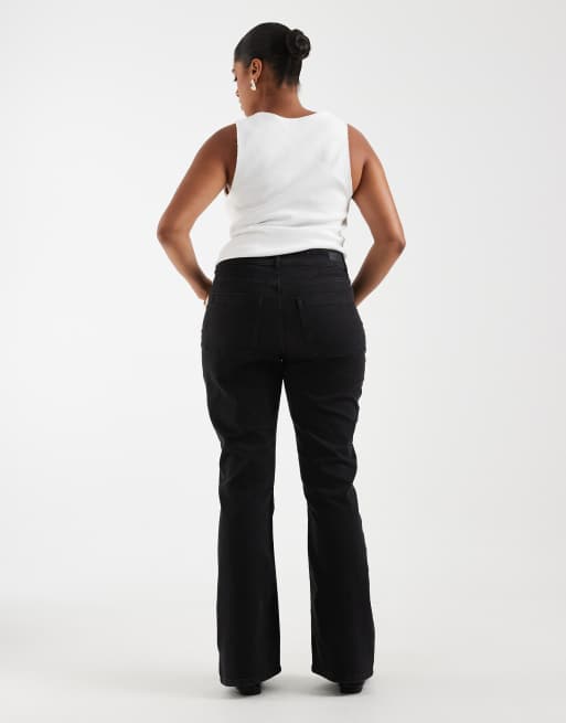 Curve hög midja jeans med framfickor, pintuck och utsvängda ben i svart denim, 3 av 5