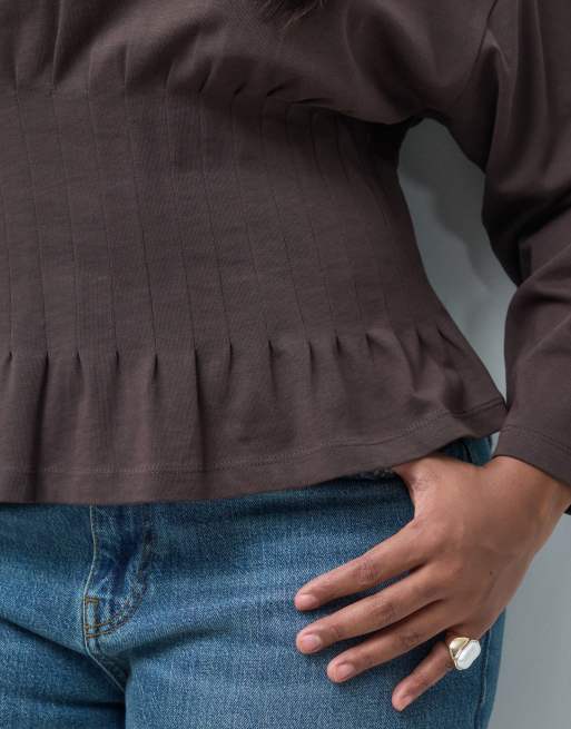 Curve top a maniche lunghe con coulisse marrone, 3 di 4