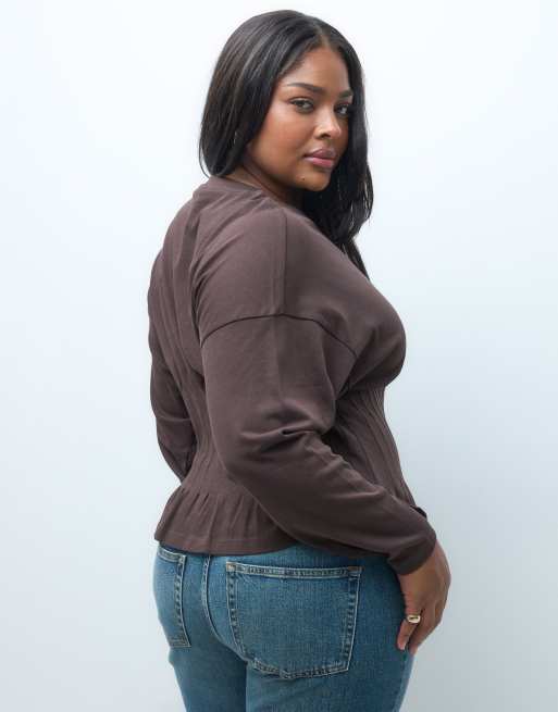 Curve top a maniche lunghe con coulisse marrone, 4 di 4