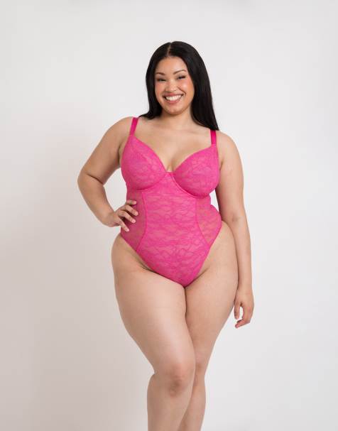 Curvy Kate All night lace plunge body in hot pink/ blush - view 1