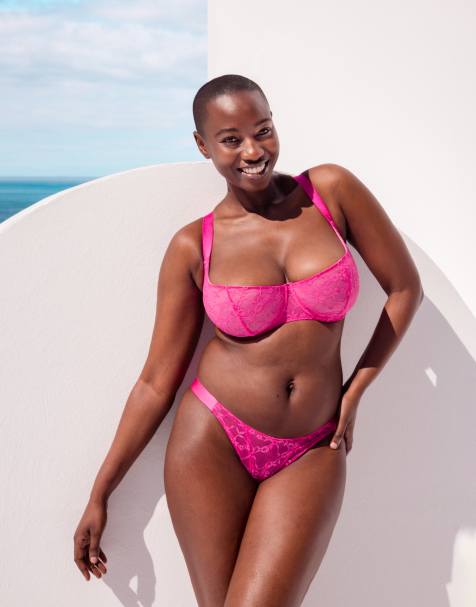 Curvy Kate All night lace scooped multiway balcony bra & tanga in hot pink/ blush - view 1