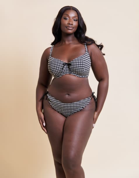 Curvy Kate Holiday check scooped balcony bikini top in black - view 1