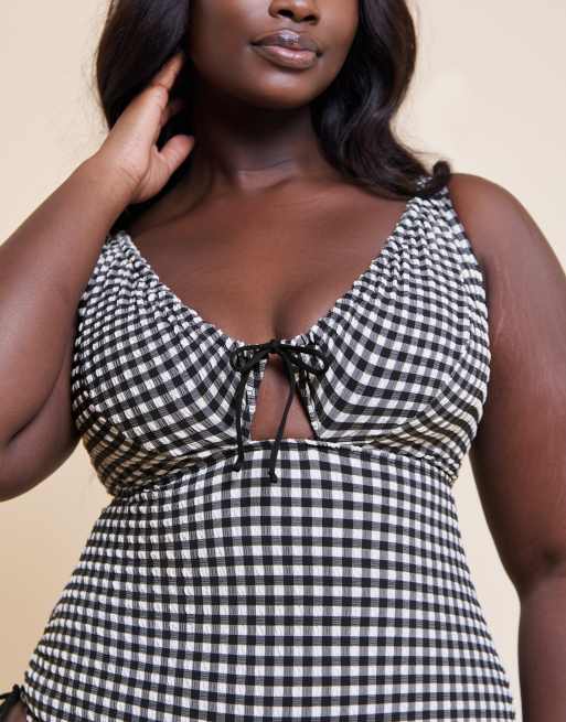 Curvy Kate Holiday gingham non wired swimsuit in black, 2 of 4