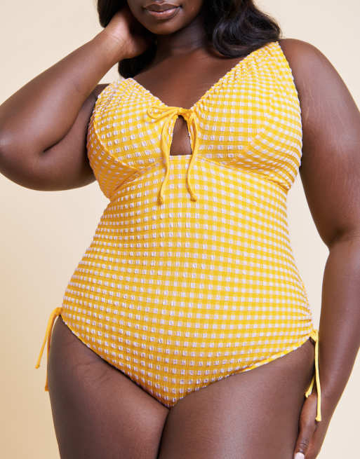 Curvy Kate Holiday gingham non wired swimsuit in sunshine yellow, 2 of 4