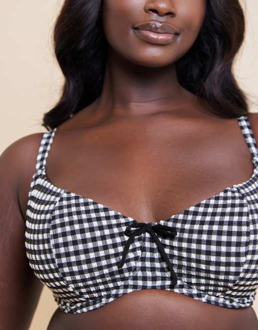 Curvy Kate Holiday gingham scooped balcony bikini top in black, 3 of 4