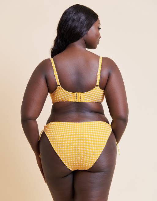Curvy Kate Holiday gingham scooped balcony bikini top in sunshine yellow, 3 of 4