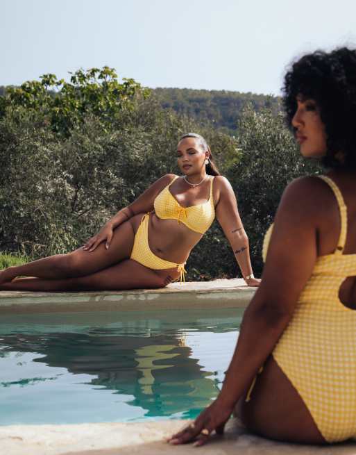 Curvy Kate Holiday gingham scooped balcony bikini top in sunshine yellow, 4 of 4