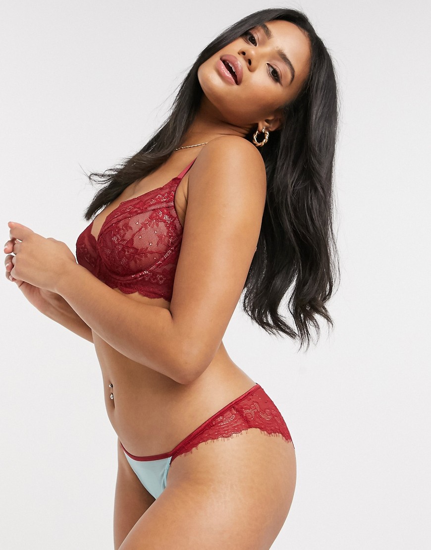 Curvy Kate Lifestyle contrast lace sheer mesh brazilian knicker in blue and red-Multi