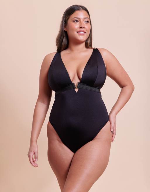 Curvy Kate Siren seas non-wired swimsuit in black, 3 of 4