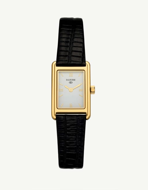 D. LOUISE waterproof tarnish-free Classic leather rectangle watch in gold, 2 of 3