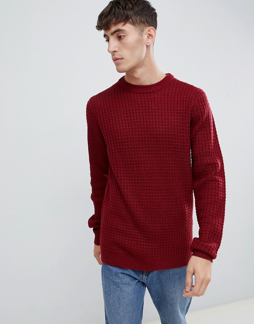 D-Struct Chunky Waffle Knit Jumper-Red