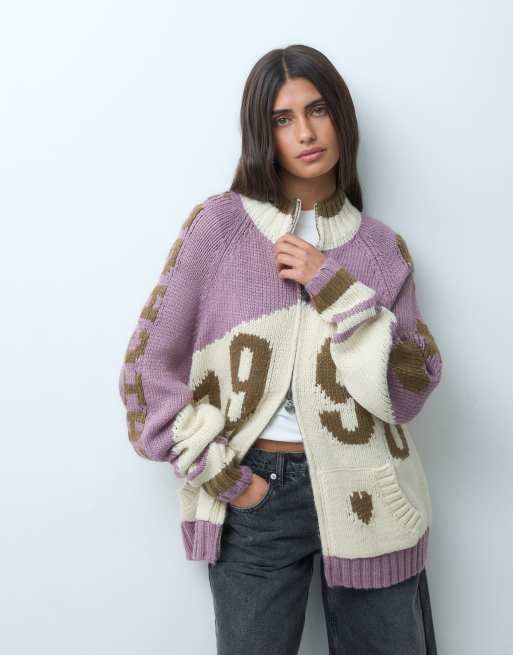 Daisy Steet overesized zip up cardigan with sporty graphic in brown pink multi, 4 of 4