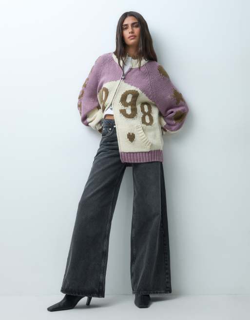 Daisy Steet oversized zip up cardigan with sporty graphic in brown pink multi, 2 of 4
