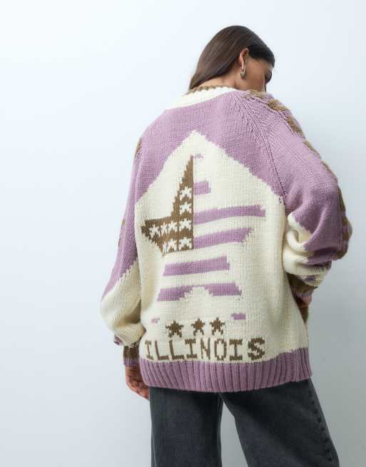 Daisy Steet oversized zip up cardigan with sporty graphic in brown pink multi, 3 of 4