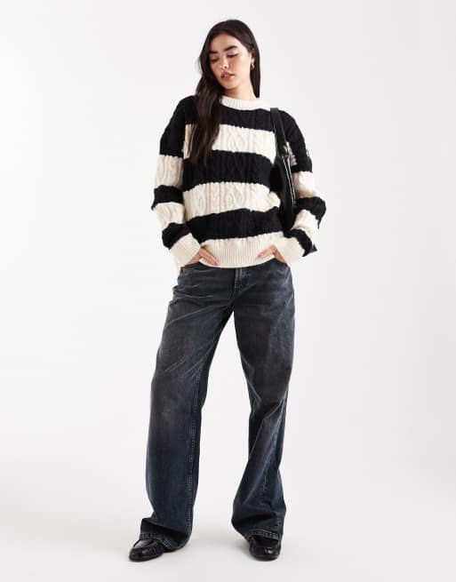 Daisy Streer oversized cable knit jumper in off white and black stripe, 2 of 4