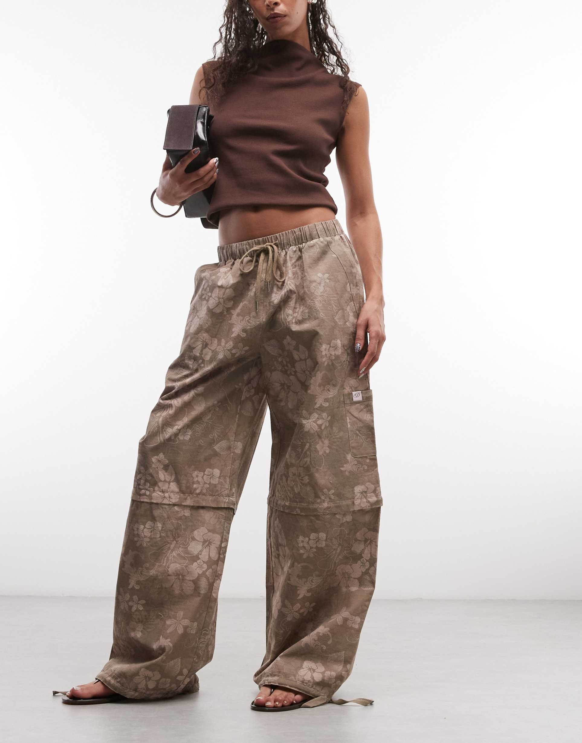 daisy street 2 in 1 low rise hibiscus floral pants with zip cut off in brown