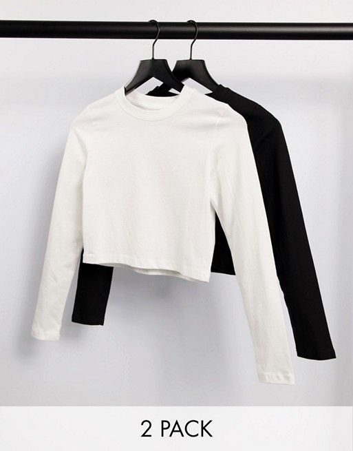 Daisy Street 2 pack long sleeve crop t-shirt in black & white