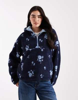 Daisy Street Daisy Street 3/4 zip up floral print borg coat in navy ditsy-Multi