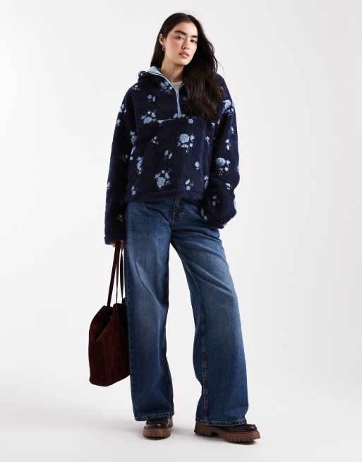 Daisy Street 3/4 zip up teddy coat in navy floral print, 2 of 4