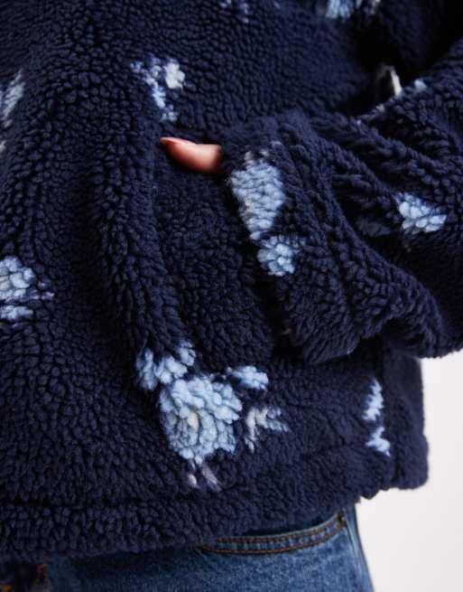 Daisy Street 3/4 zip up teddy coat in navy floral print, 3 of 4
