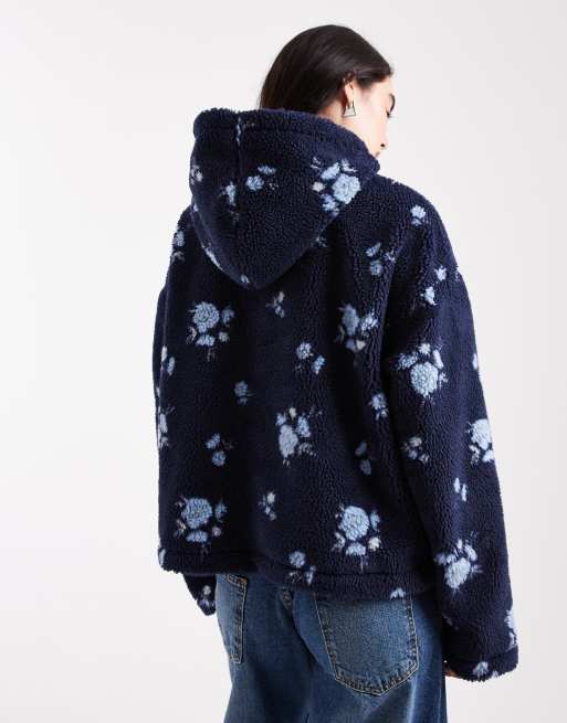 Daisy Street 3/4 zip up teddy coat in navy floral print, 4 of 4