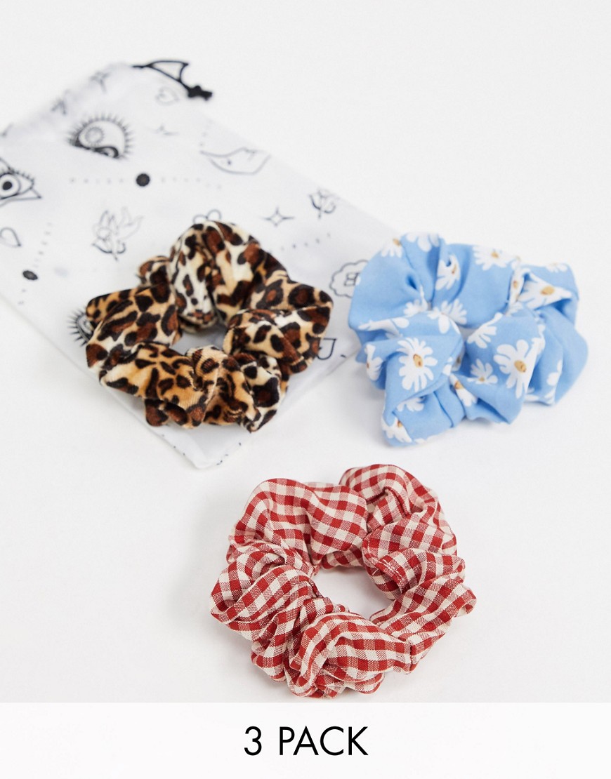 Daisy Street 3-pack scrunchies in fun prints-Multi