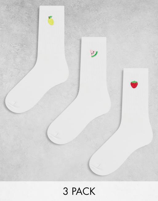 Daisy Street 3 pack white sporty socks with fruit embroidery