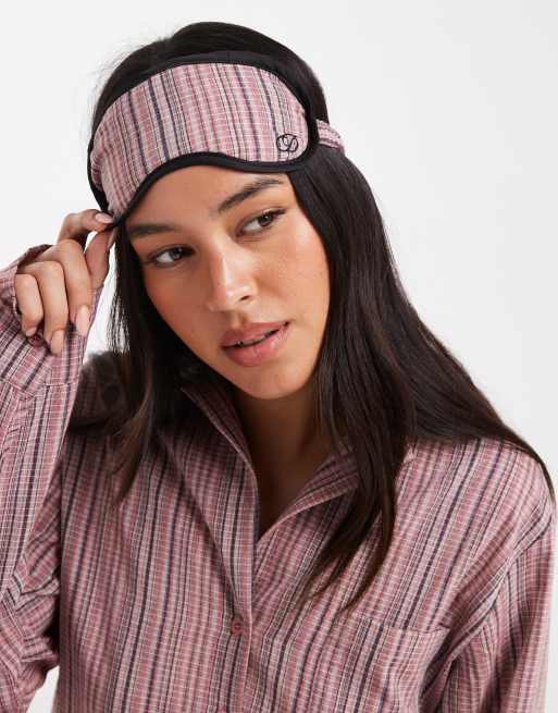 Daisy Street 3 piece pyjama set with eye mask in pink black check, 4 of 4