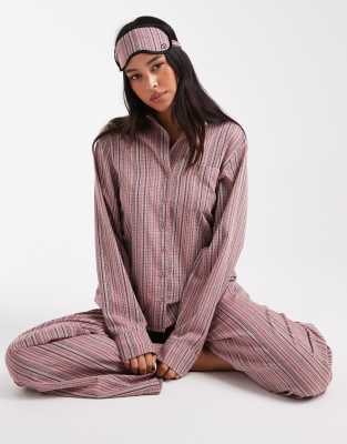 Daisy Street - 3-teiliger Pyjama in rosa und schwarz kariert mit Augenmaske-Bunt
