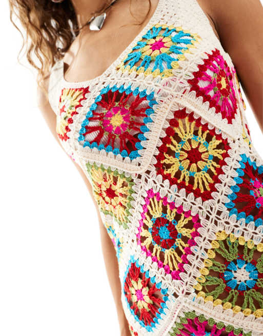 Daisy Street 70s open knit crochet patchwork mini dress in multi | ASOS