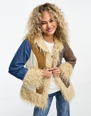 Daisy Street 70s style coat in mix suede and cord with shearling lining