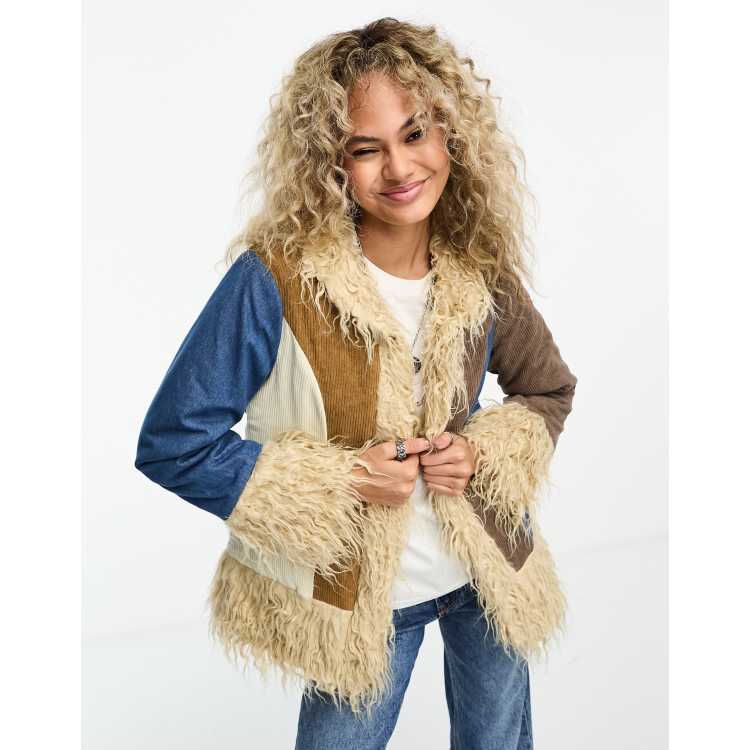 Daisy Street 70s style coat in mix suede and cord with shearling lining