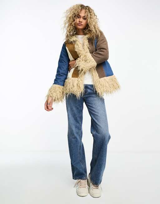 Daisy Street 70s style coat in mix suede and cord with shearling lining