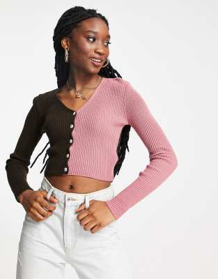 Daisy Street 90s colour block knitted cardigan in pink and brown - ASOS Price Checker