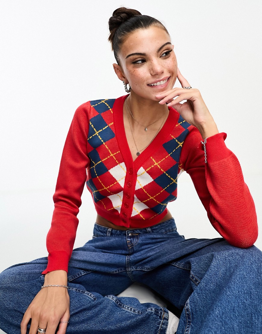 Daisy Street 90s fitted cardgian in red argyle knit
