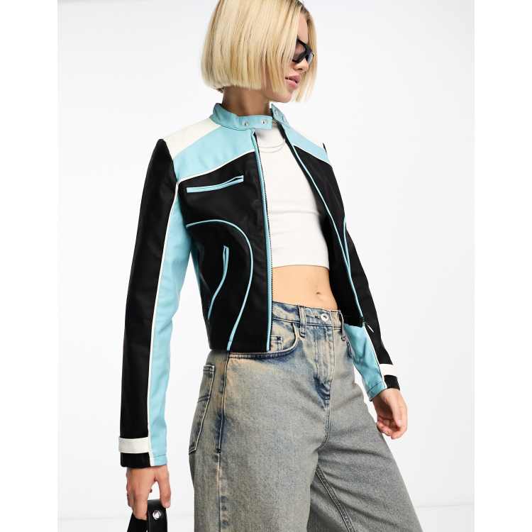 Daisy Street Blue & Black Color Block Moto Jacket