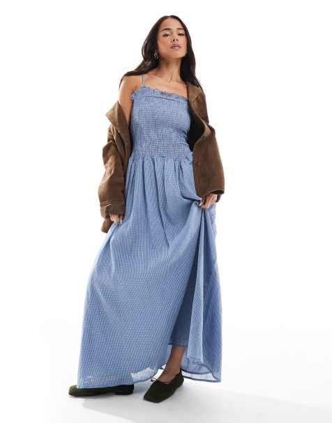 Daisy Street - Aangerimpelde maxi jurk met verlaagde taille in gingham ruit in blauw - view 1