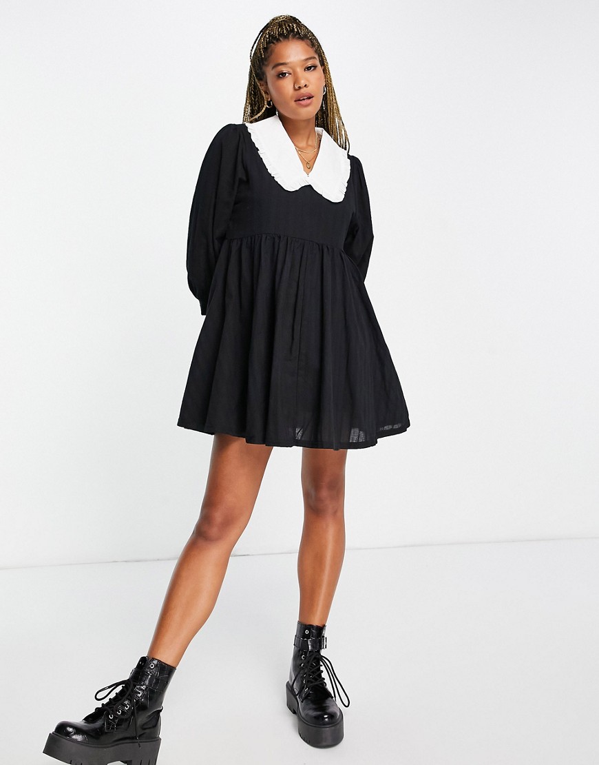 Daisy Street - Aangerimpelde mini jurk met lange mouwen met contrasterende kraag-Zwart