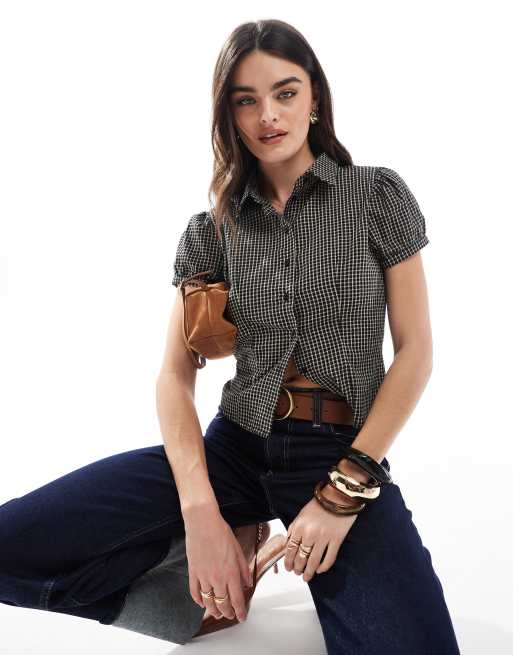 Daisy Street - Aansluitend overhemd in jaren 90-stijl met mini-ruitjes in crème