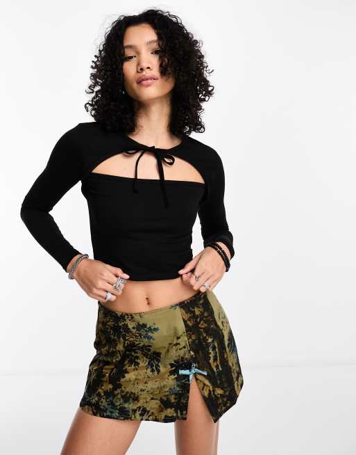 Daisy Street - Aansluitende crop top met bolero-mouwen met strikdetail in zwart